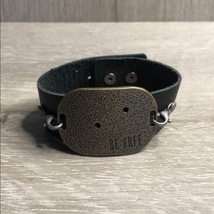 Black Leather bracelet w/ quote “Be free”